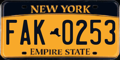 NY license plate FAK0253