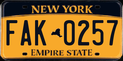 NY license plate FAK0257