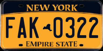 NY license plate FAK0322