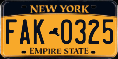 NY license plate FAK0325