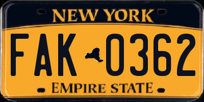 NY license plate FAK0362