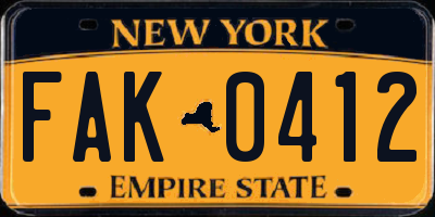 NY license plate FAK0412