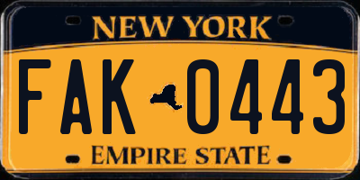 NY license plate FAK0443