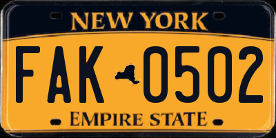 NY license plate FAK0502