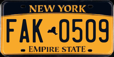 NY license plate FAK0509