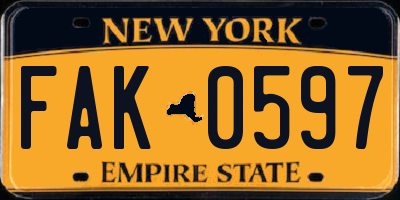 NY license plate FAK0597