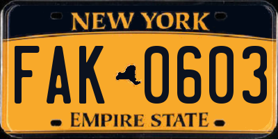 NY license plate FAK0603