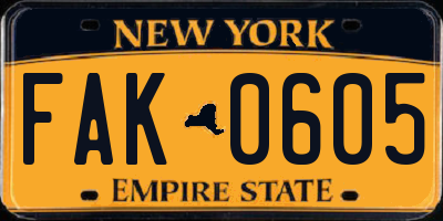 NY license plate FAK0605