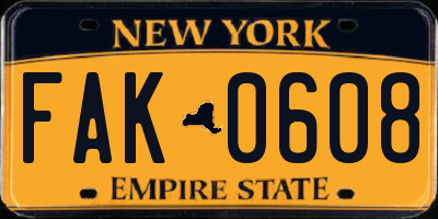 NY license plate FAK0608