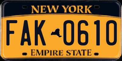 NY license plate FAK0610