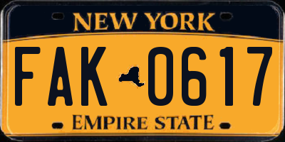 NY license plate FAK0617