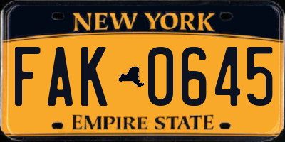 NY license plate FAK0645