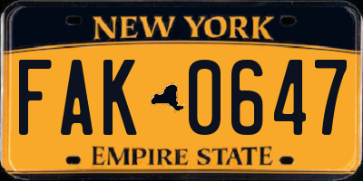 NY license plate FAK0647