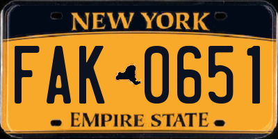 NY license plate FAK0651