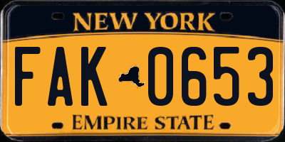 NY license plate FAK0653