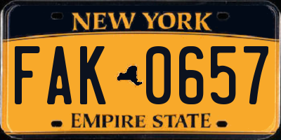 NY license plate FAK0657