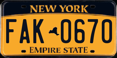 NY license plate FAK0670