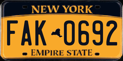 NY license plate FAK0692
