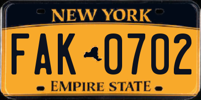 NY license plate FAK0702