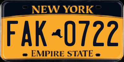 NY license plate FAK0722