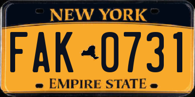 NY license plate FAK0731