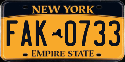 NY license plate FAK0733