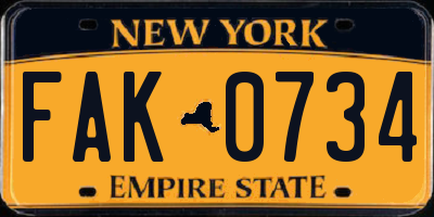 NY license plate FAK0734