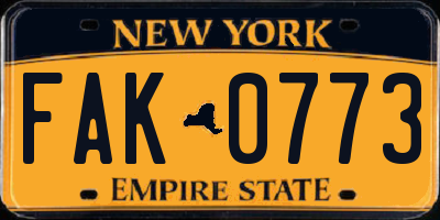 NY license plate FAK0773