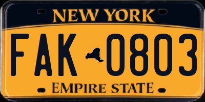 NY license plate FAK0803