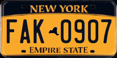 NY license plate FAK0907