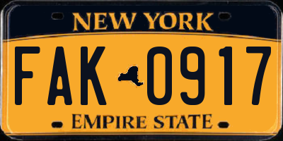 NY license plate FAK0917