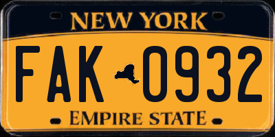 NY license plate FAK0932