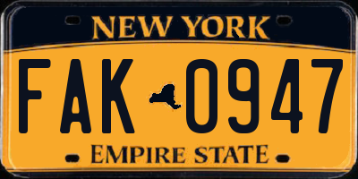 NY license plate FAK0947