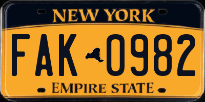 NY license plate FAK0982