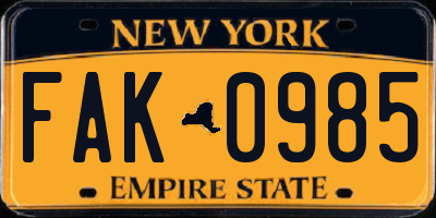 NY license plate FAK0985