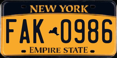 NY license plate FAK0986