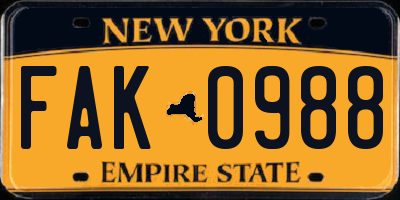 NY license plate FAK0988