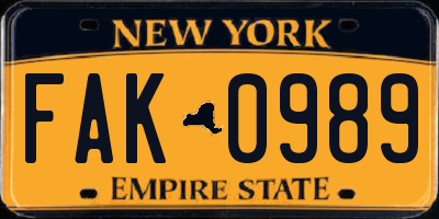 NY license plate FAK0989