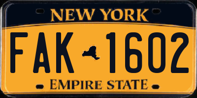 NY license plate FAK1602