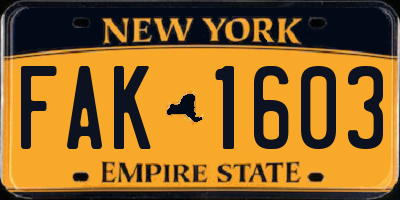 NY license plate FAK1603