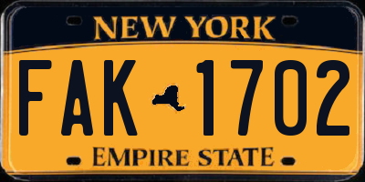 NY license plate FAK1702