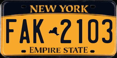 NY license plate FAK2103