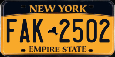 NY license plate FAK2502