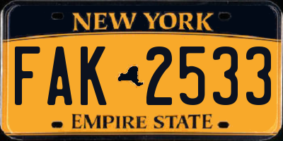 NY license plate FAK2533