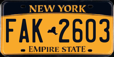 NY license plate FAK2603