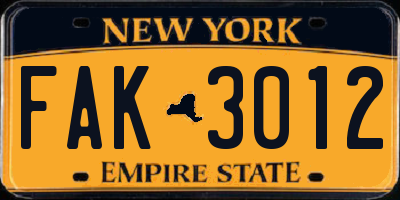 NY license plate FAK3012