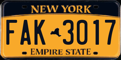 NY license plate FAK3017