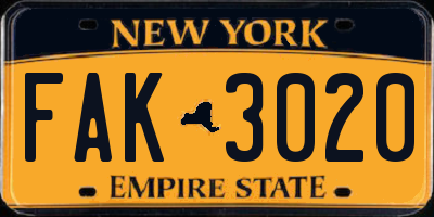 NY license plate FAK3020