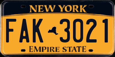 NY license plate FAK3021