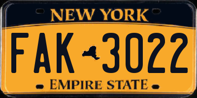 NY license plate FAK3022